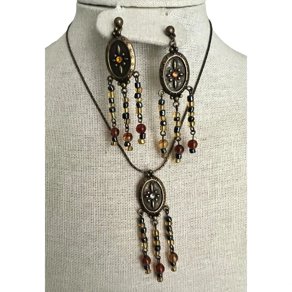 Boho Beaded Tassel Antique Gold Medallion Necklace Black Amber Earrings Set